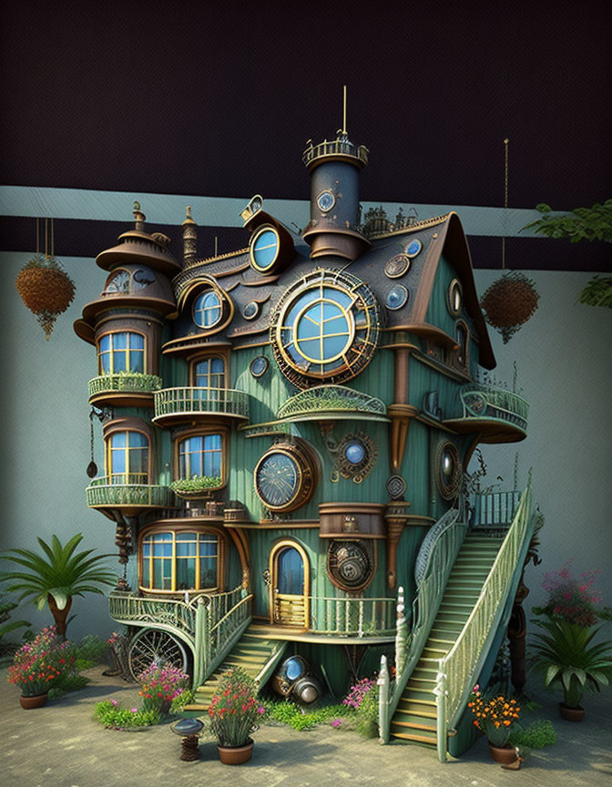 Green Steampunk-Style House with Clock Faces and Spiral Staircases