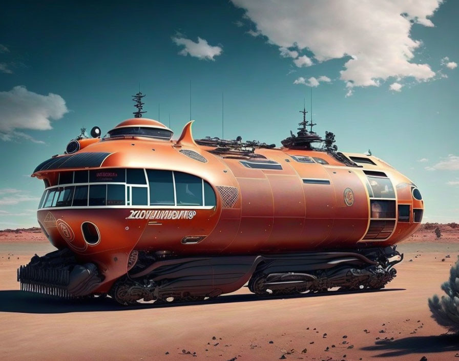 Futuristic orange train on tank-like tracks in desert landscape