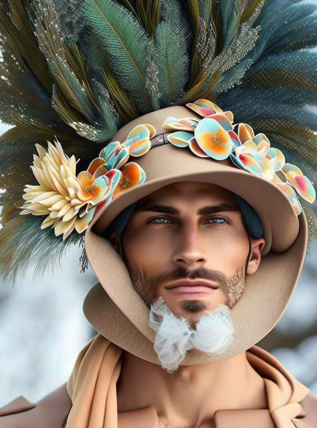 Digital artwork: Person with stylized beard, beige hat with flowers and feathers, snowy backdrop