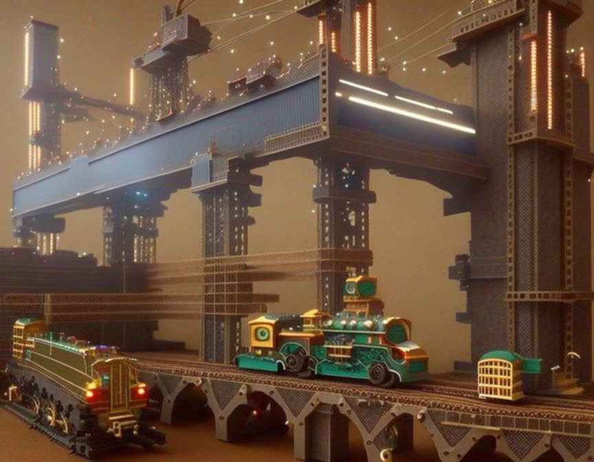 Retro-futuristic train station with vintage locomotives and ornate bridges