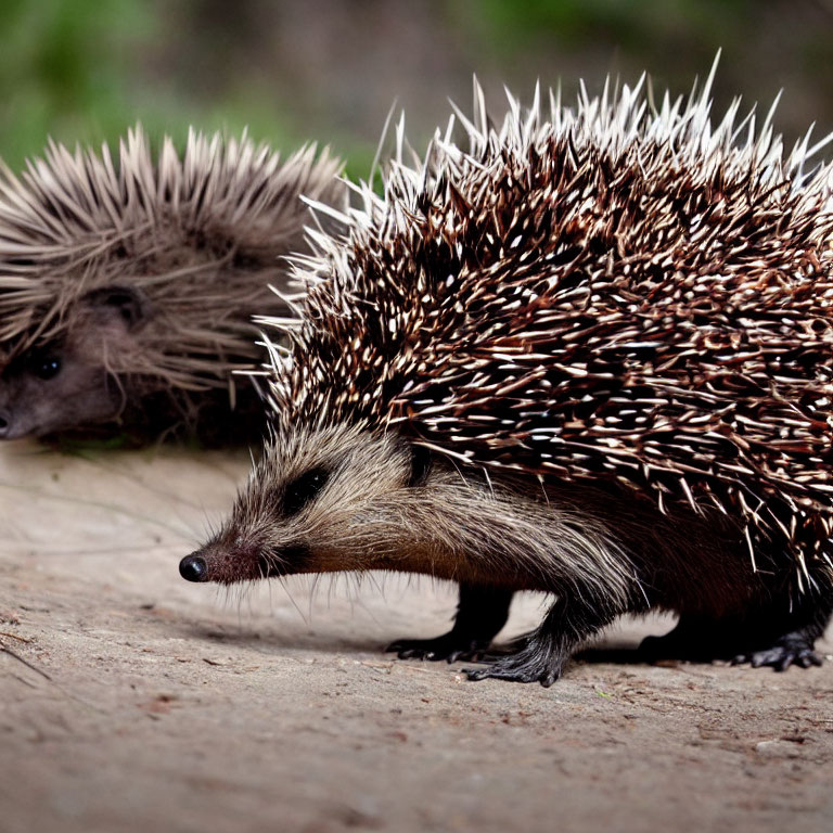 Hedgehogs with spiky quills in focus on ground