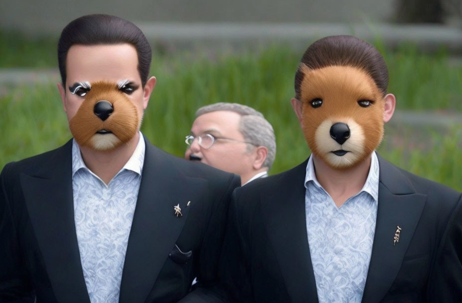 Two cartoon beaver-headed figures in suits with blurred background.