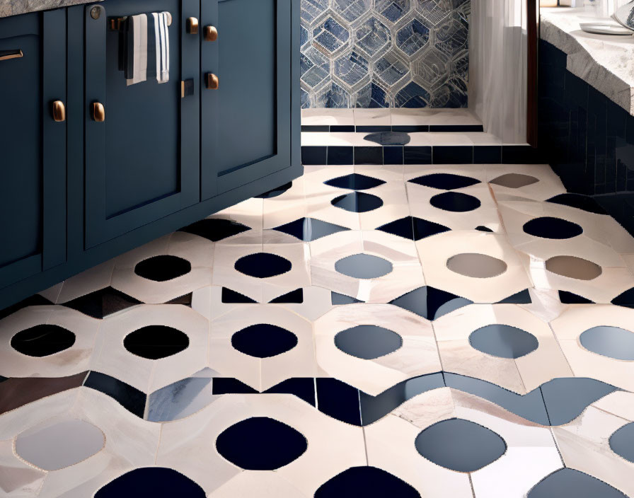 Modern Kitchen with Blue and White Patterned Floor Tiles, Navy Blue Cabinets, Gold Handles, and White