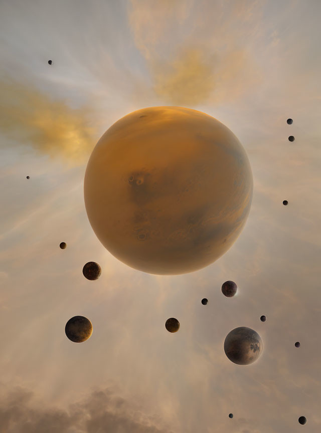 Planetary Art: Mars-like spheres in golden skies