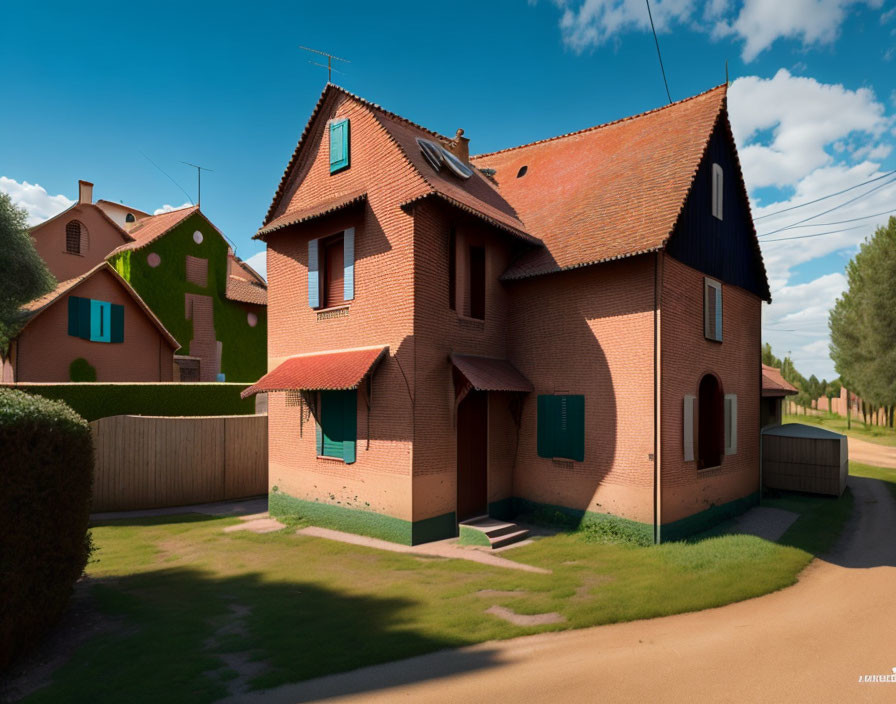 Red brick two-story house with green shutters and pitched roof on sunny day