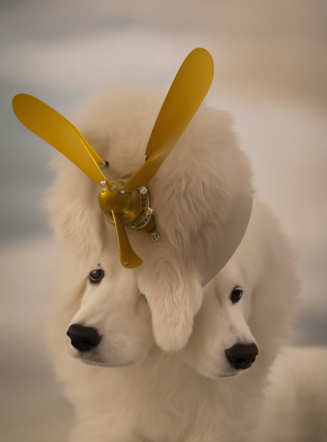 White dog with propeller beanie, two-headed illusion on cloudy background