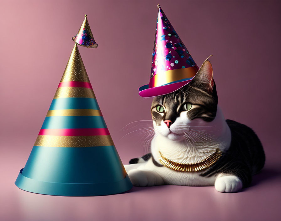 Cat with Party Hat and Necklace Next to Large Cone on Pink Background