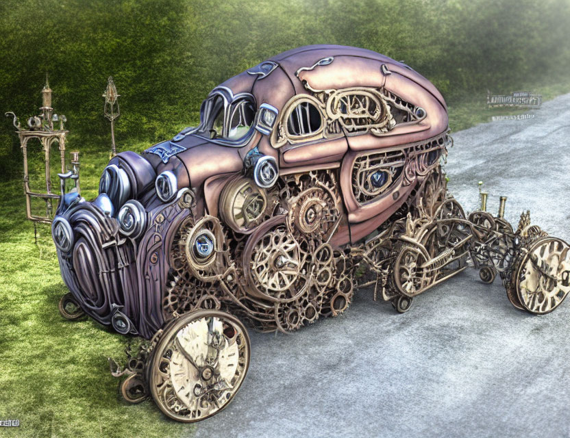 Steampunk-style vintage car with intricate gears on cobblestone path