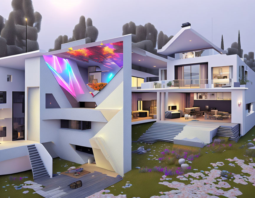 Split-Level Home with Neon Lighting, Open Interiors, and Twilight Garden