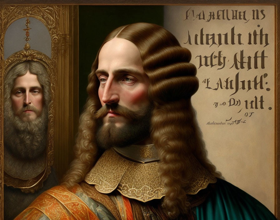 Surreal portrait of a man with elongated features and long beard in renaissance attire.