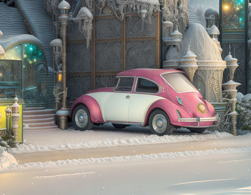 Pink and White Vintage Car Parked on Snowy Street Amid Ornate Buildings