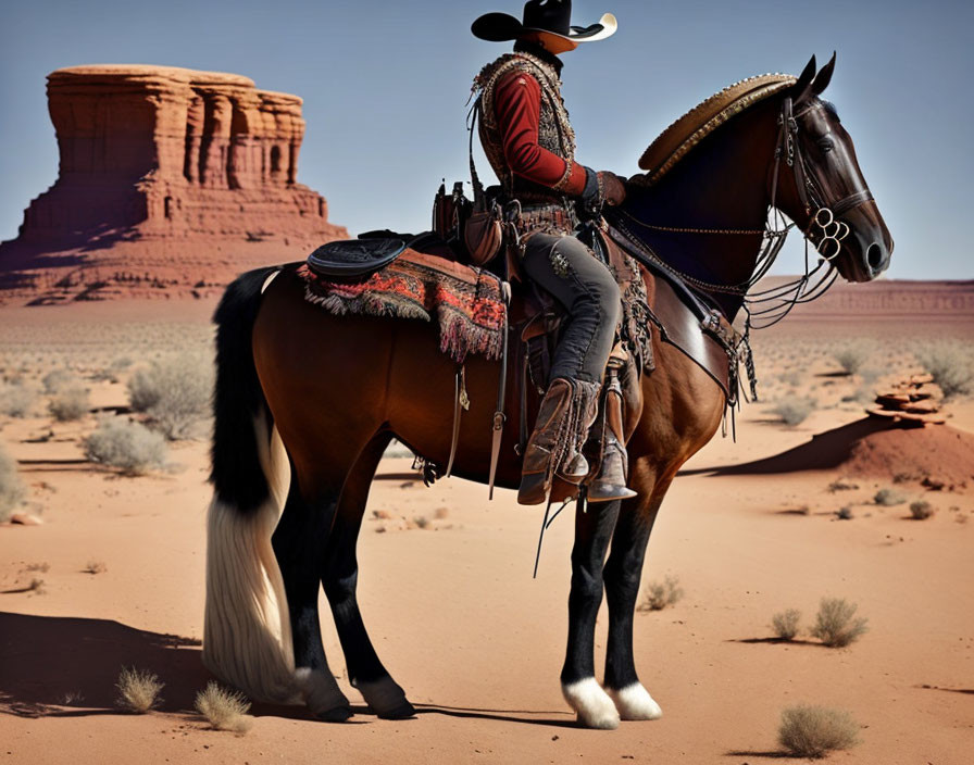 Cowboy on Brown Horse with Traditional Tack in Desert Landscape