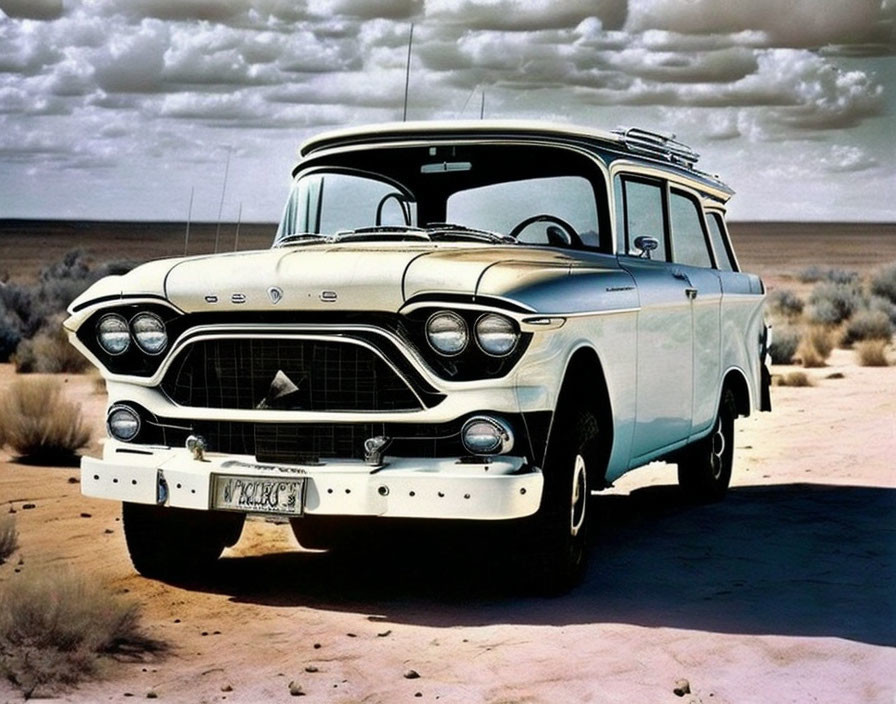 Classic Two-Tone Station Wagon in Desert Landscape