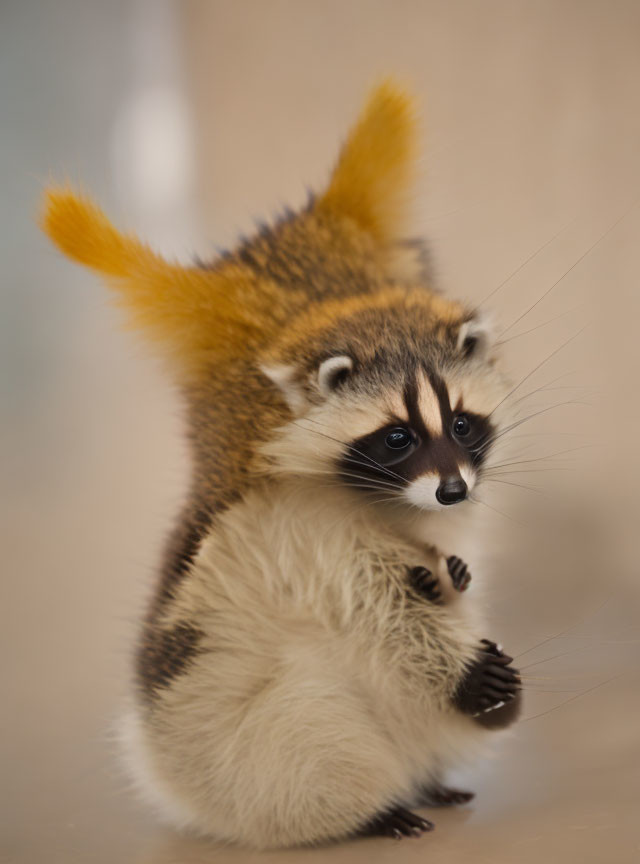 Baby raccoon standing on hind legs with bushy tail and distinctive facial markings.