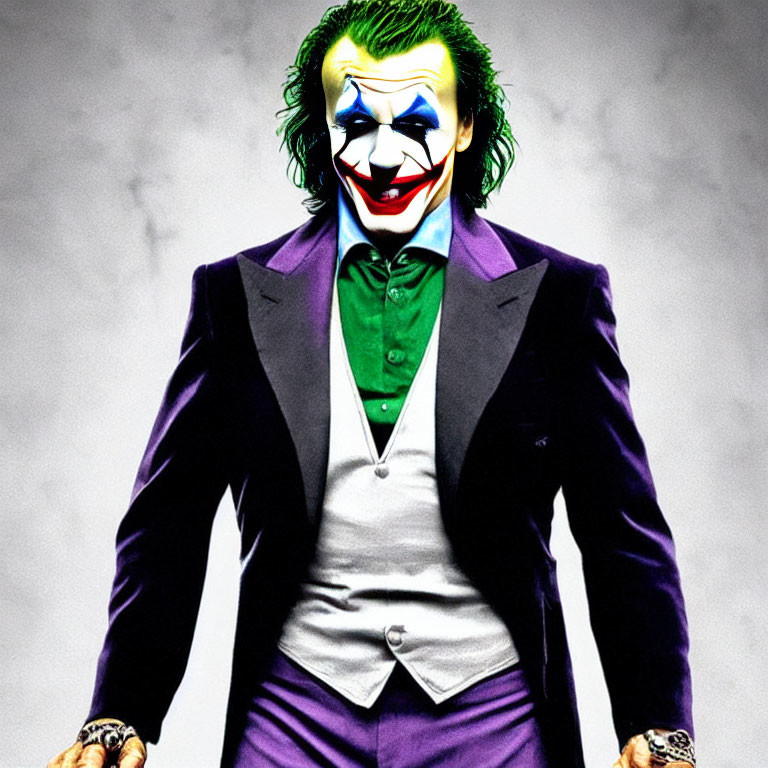 Character in Joker costume with green hair and purple coat.