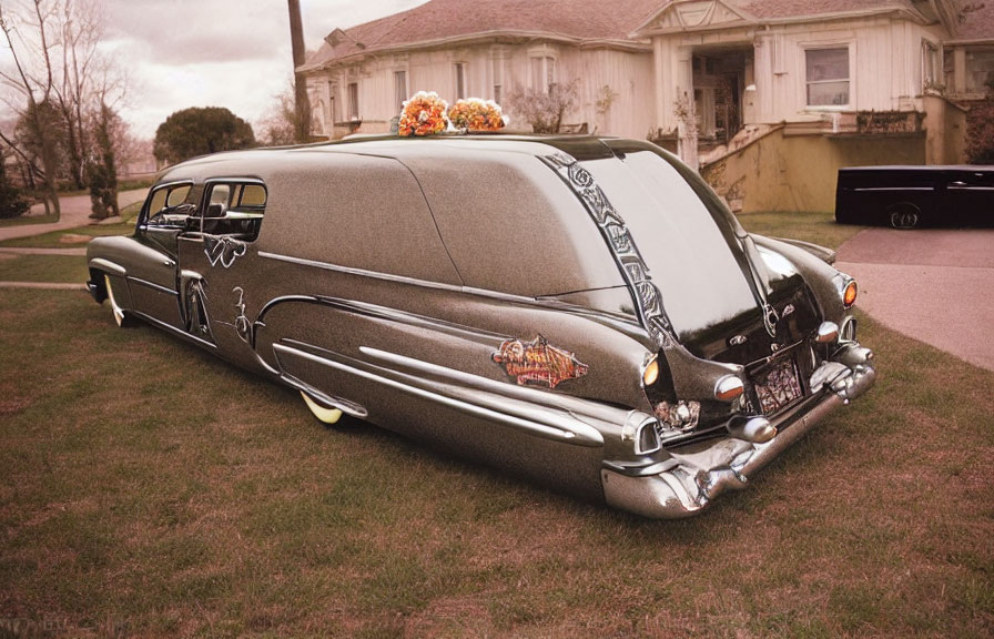 Vintage hearse with custom artwork and flowers parked near a house