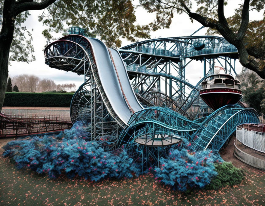 Blue steel water slide with spiral staircase and circular raft ride in park setting