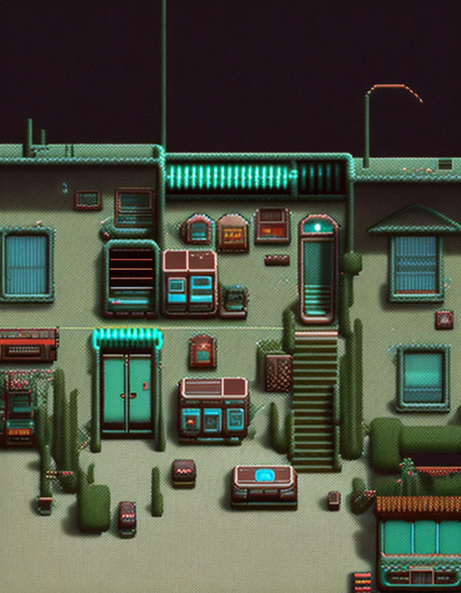 Neon-lit motel pixel art with cacti and glowing signs