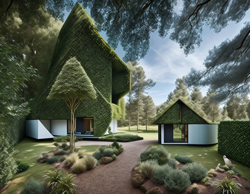 Contemporary geometric architecture in lush green garden setting