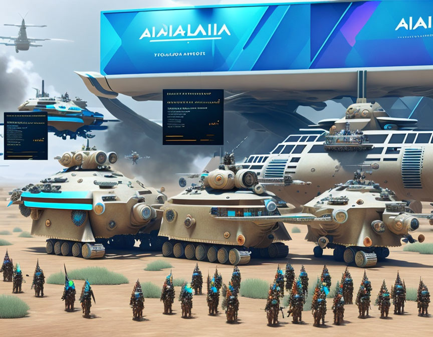 Military base with armored vehicles, troops, aircraft, and alien script sign