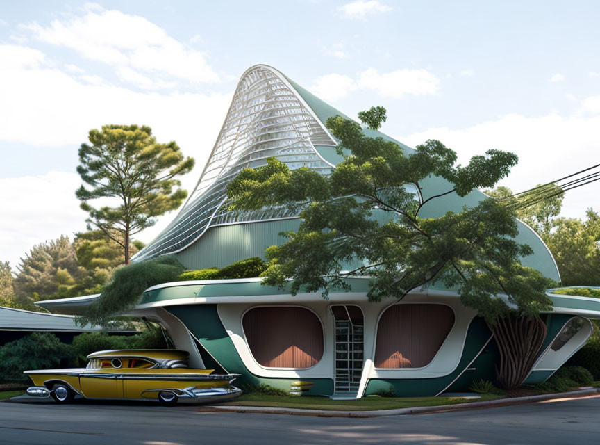 Unique Futuristic House with Conical Roof, Trees, and Vintage Car