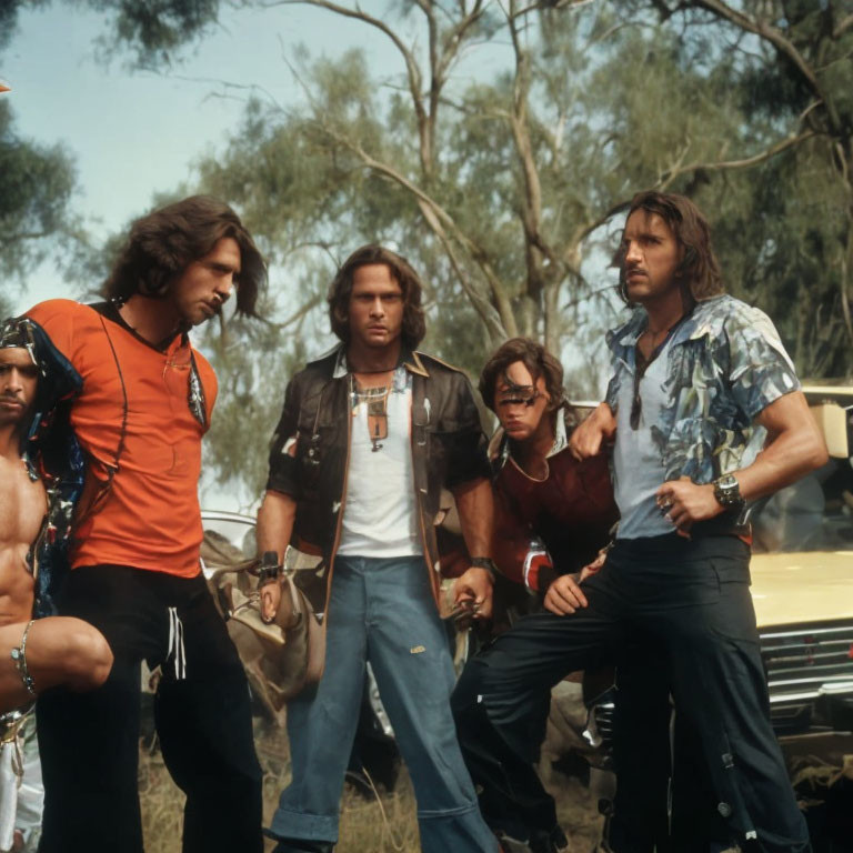 Five men in 1970s attire by car in rural setting with tense expressions