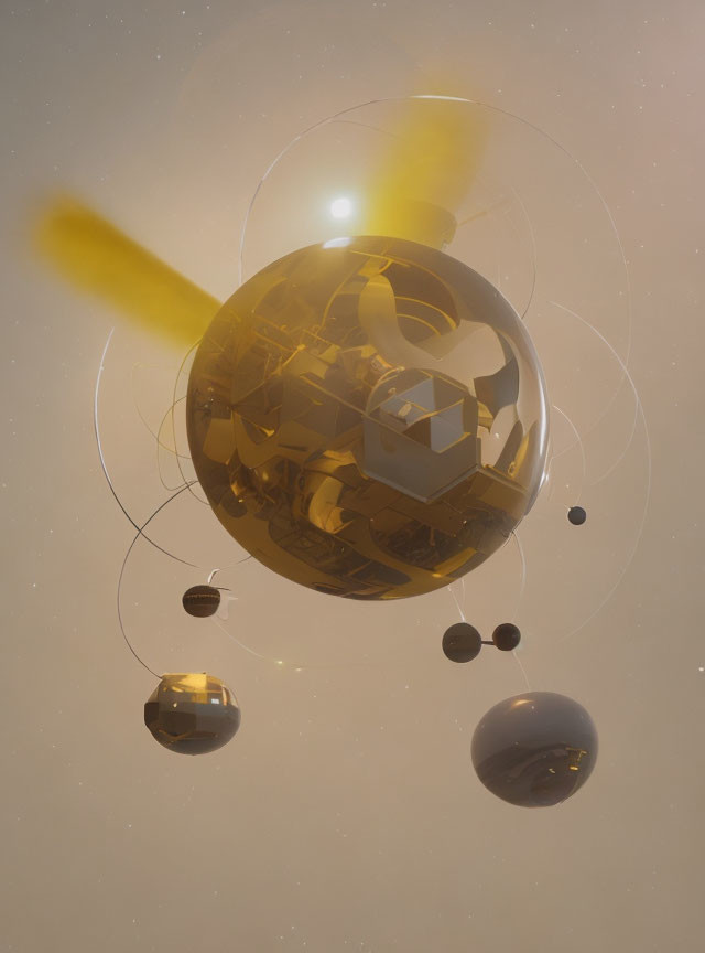 Golden spheres in hazy atmosphere with light beams and rings