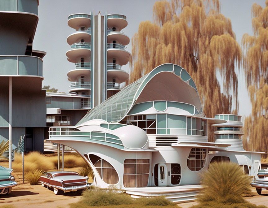 Circular Levels and Classic Cars in Futuristic Desert Architecture