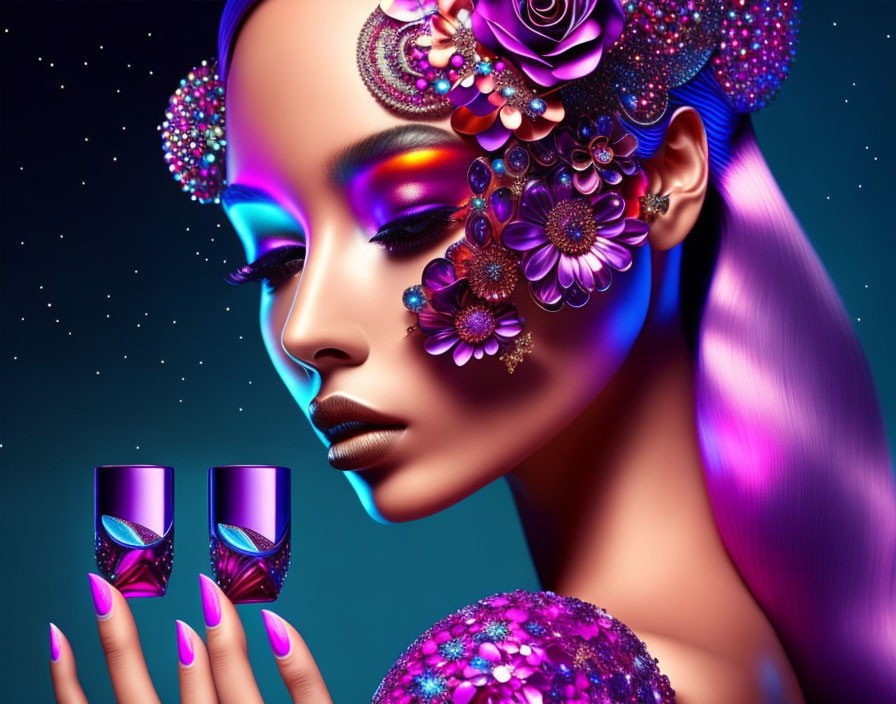 Digital artwork of woman with floral and jeweled makeup, purple nails, crystal glasses on blue backdrop