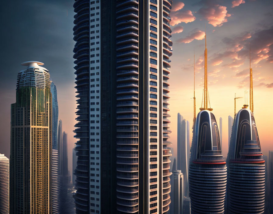 Dramatic sunset cityscape with futuristic skyscrapers