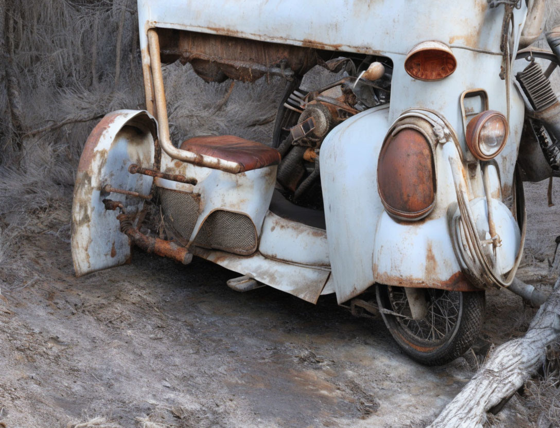 Decaying abandoned scooter with sidecar in dry vegetation