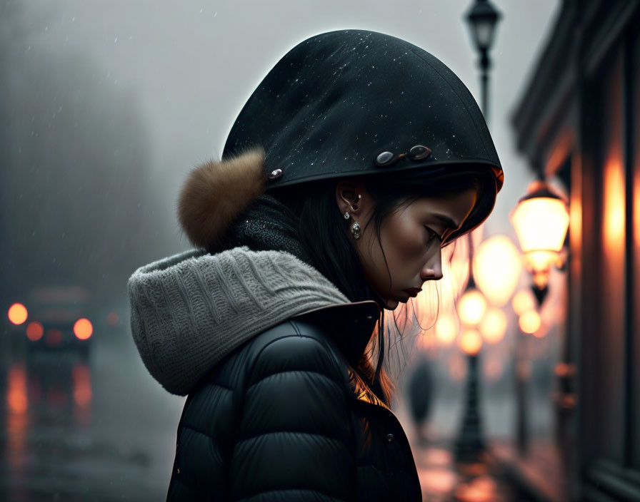 Person in Black Helmet Contemplating on Rainy City Street