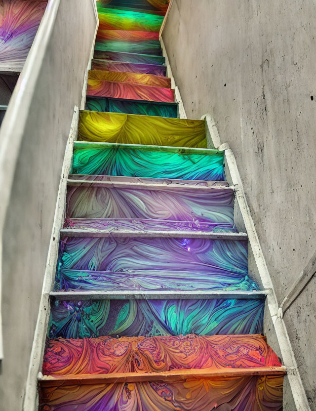 Colorful Swirling Staircase Contrasting Gray Walls