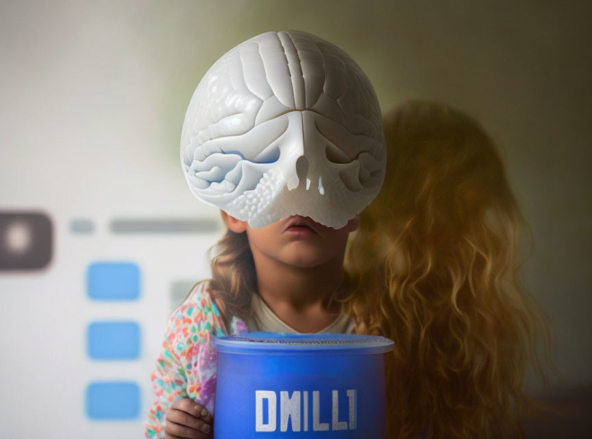 Child with "DNILLI" Blue Container & Brain-Shaped Mask