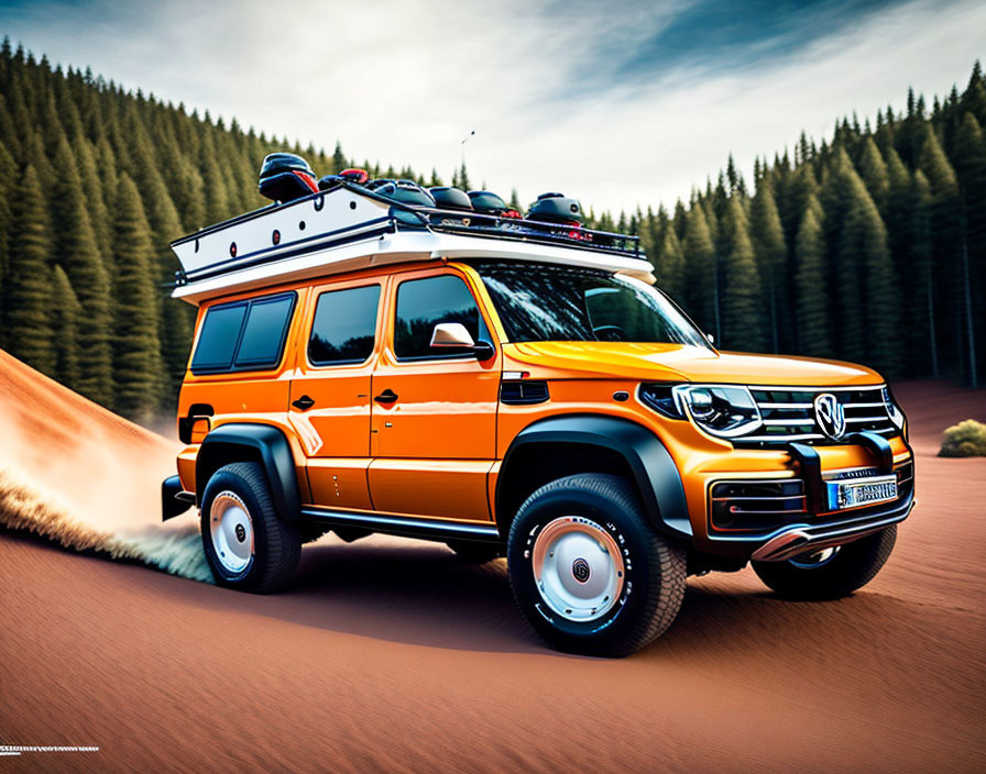 Orange SUV with roof rack on dirt road by pine forest