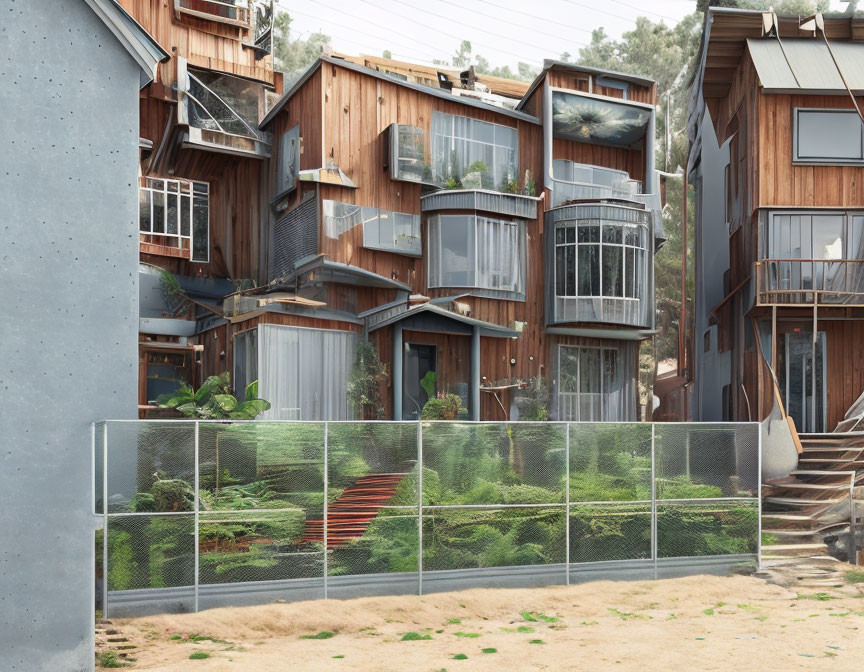 Contemporary terraced housing: wood and glass facades, balconies, greenery, transparent fence