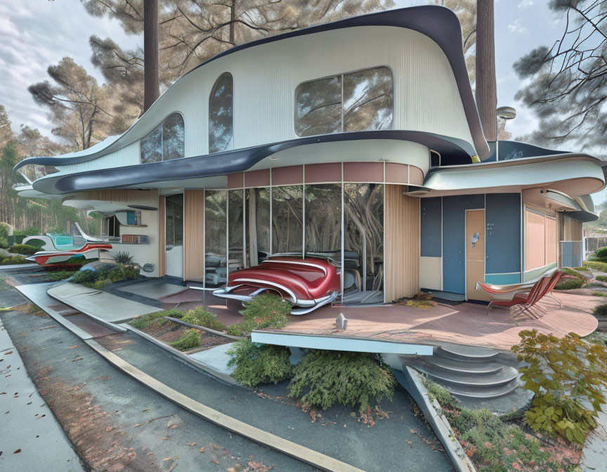 Curved Retro-Futuristic House with Vintage Car and Trees