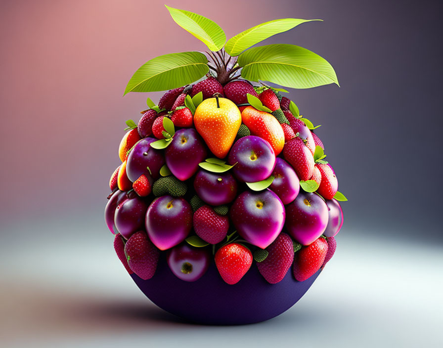 Digital spherical fruit bouquet with strawberries, apples, plums, and green leaves on gradient background