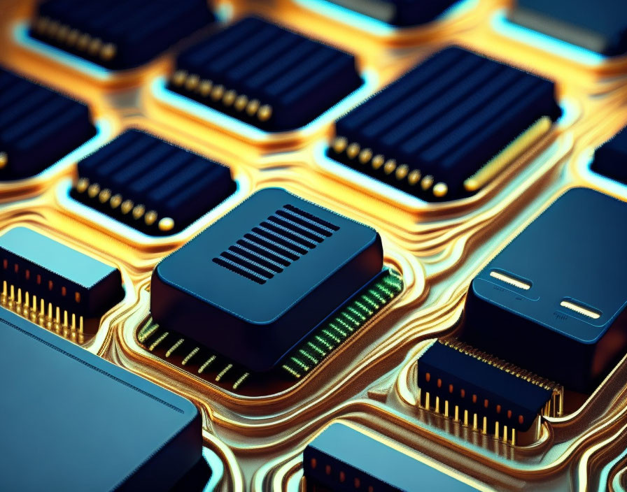 Futuristic 3D illustration of glowing microchips and processors on blue background