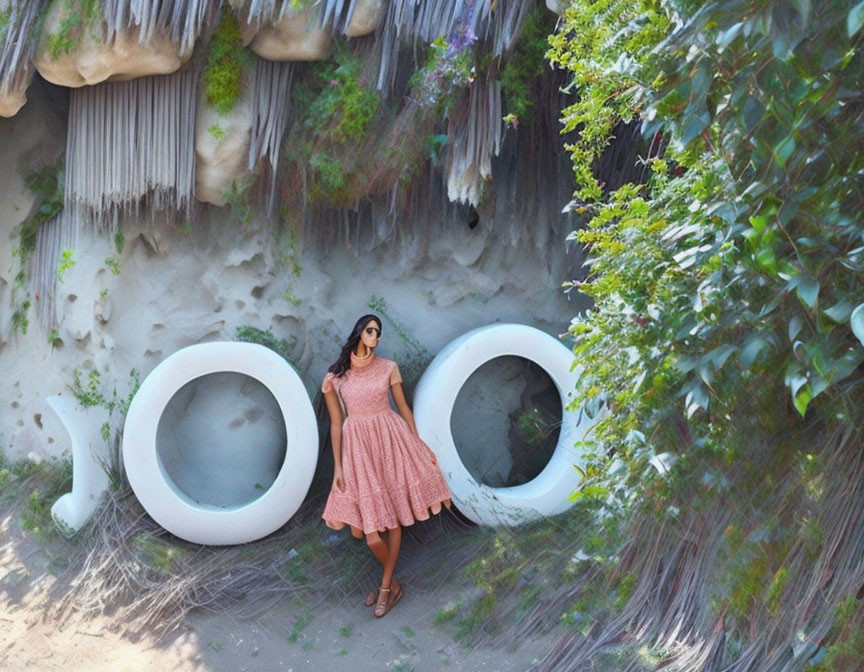 Woman in Pink Dress Stands by White Circular Wall Sculptures