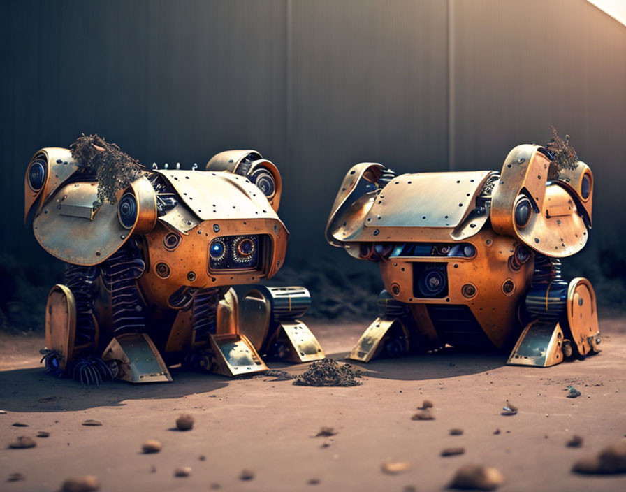 Stylized robotic frogs in dimly lit setting with metallic surfaces