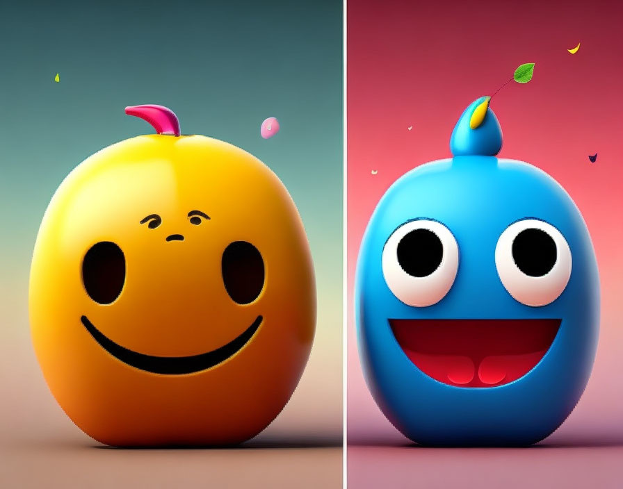 Smiling yellow and blue anthropomorphic fruits on dual-toned background