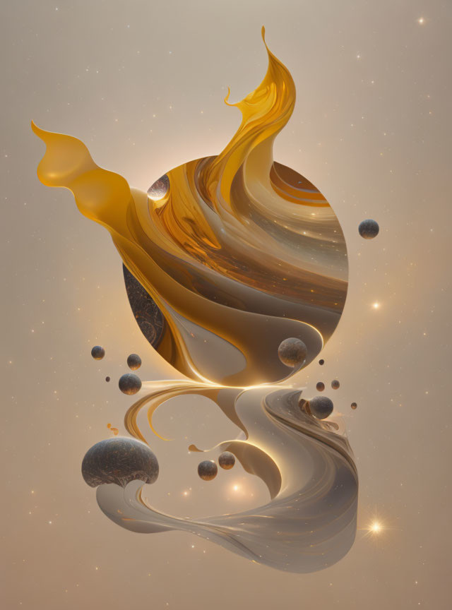 Golden swirls and spheres on starry beige backdrop with reflective surface.