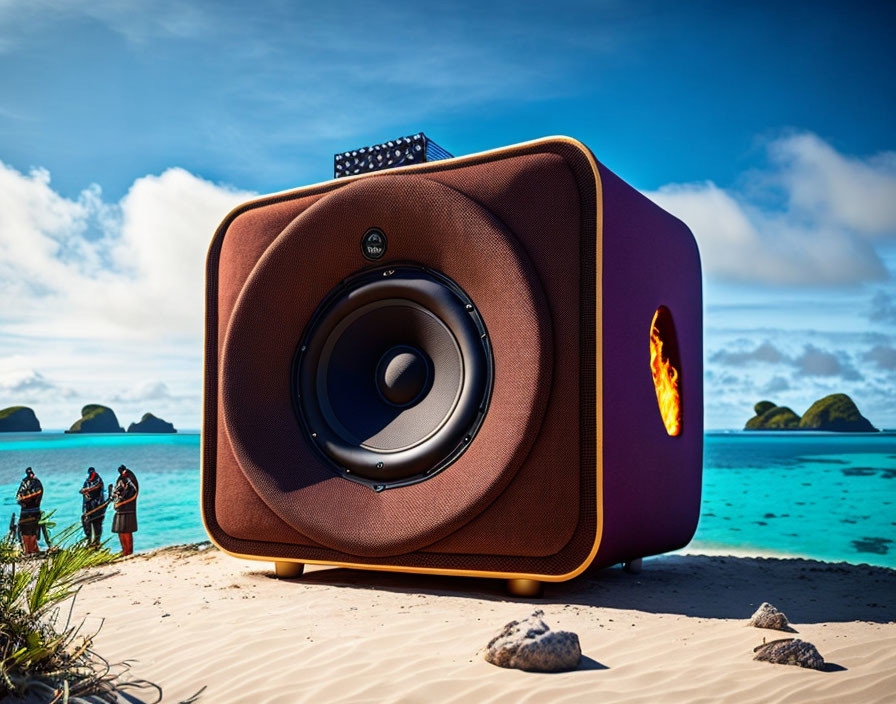 Large speaker on beach with people in background