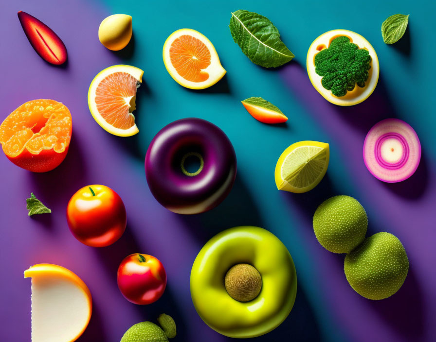 Colorful Fruits and Vegetables on Purple Background