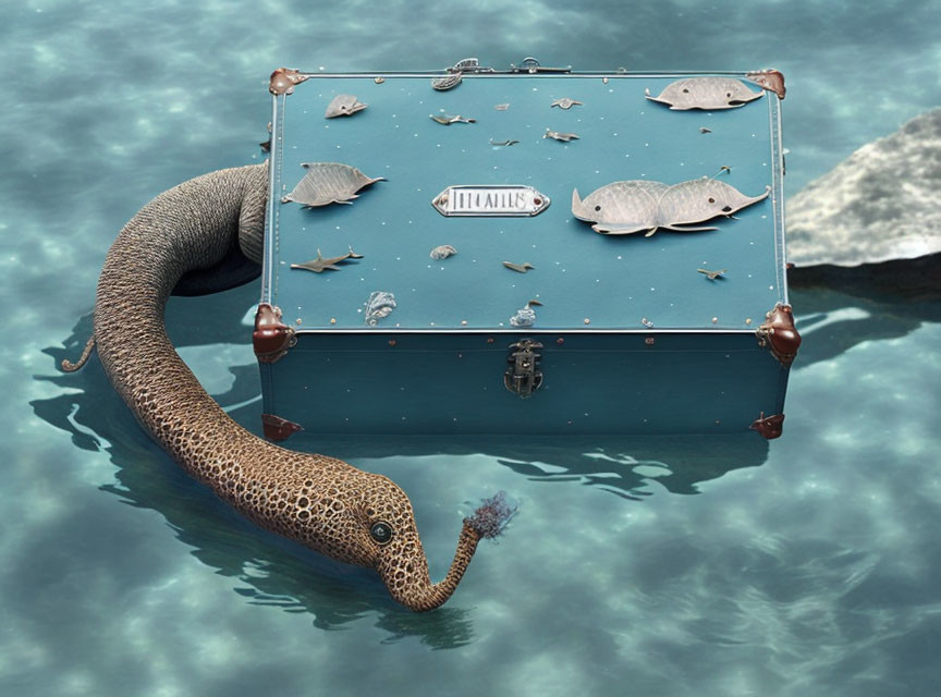 Surreal leopard with eel-like tail and suitcase in water surrounded by fish and seashells