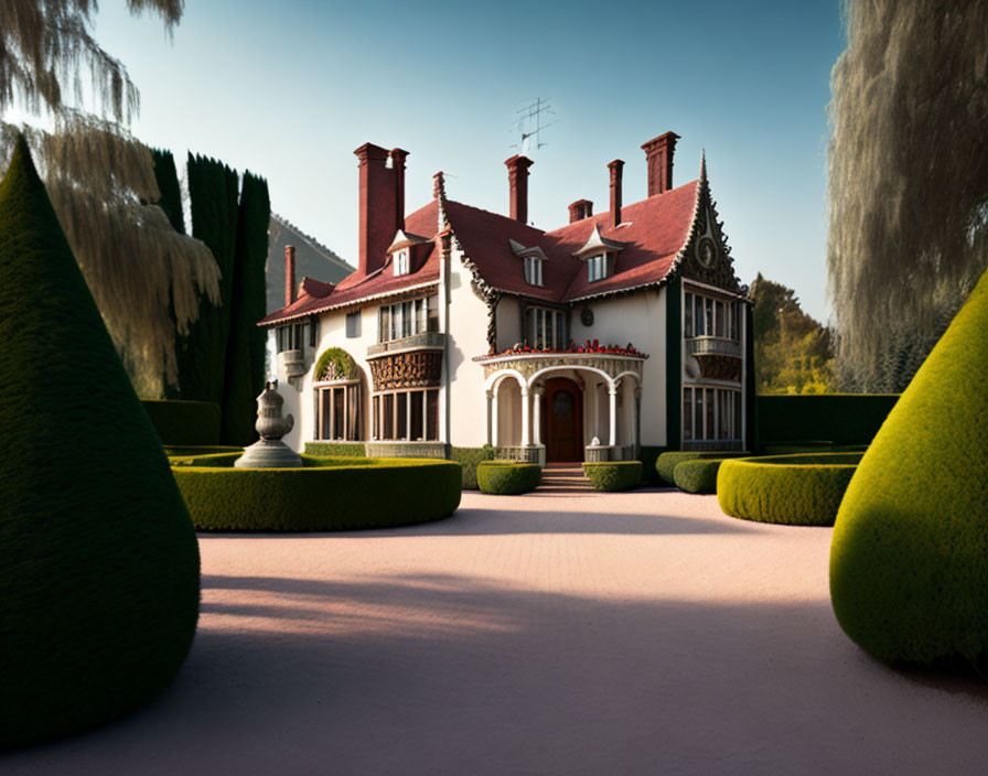 Two-story house with red roof and white detailing in manicured garden