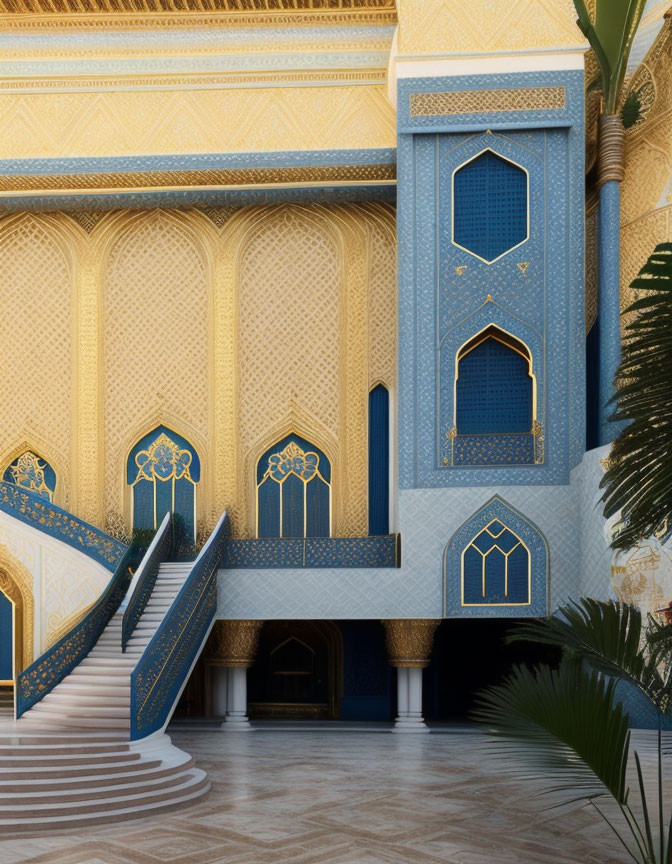 Grand staircase with blue railings, palm trees, arched doors, and Islamic geometric patterns