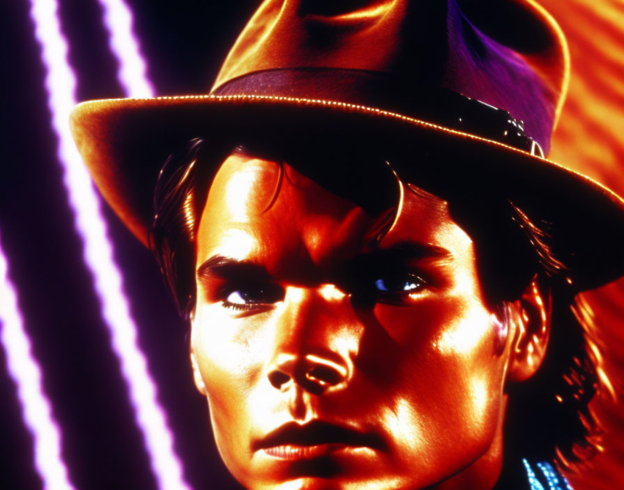 Person in Fedora with Intense Lighting and Colorful Background