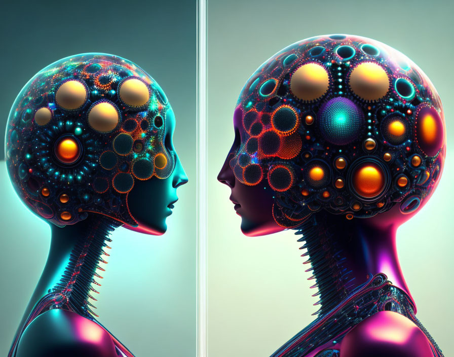 Stylized human-like figures with colorful mechanical heads and a vertical line.